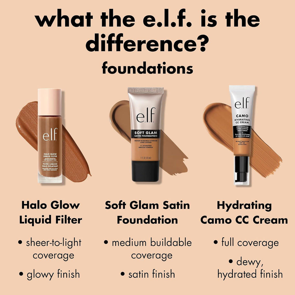 e.l.f. Soft Glam Satin Foundation. Medium Coverage. 21 Light Neutral | Satin Finish. Long-Lasting Wear. Hydrating Hyaluronic Acid & Hibiscus Complex. Blurs Pores. Lightweight. Vegan & Cruelty-Free