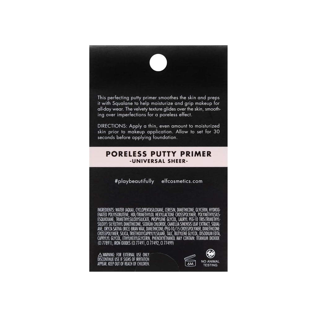 e.l.f. Poreless Face Primer. Skin-Perfecting & Lightweight. Long Lasting. Smooths & Preps to Create Flawless Base. Infused with Tea Tree and Vitamins A & E. 2 Fl Oz