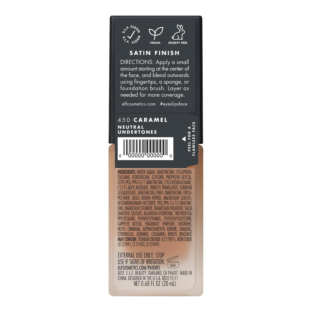 e.l.f. Flawless Satin Foundation. Lightweight & Medium Coverage. Semi-Matte Finish. Vegan & Cruelty-Free. Caramel. 0.68 Fl Oz (20mL)