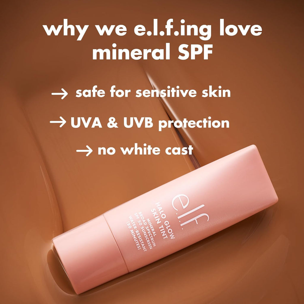 e.l.f. Halo Glow Skin Tint SPF 50. Hydrating & Tinted. 5 Light Warm | Lightweight Buildable Coverage. Dewy. Hydrated Finish. Broad-Spectrum SPF 50. Zinc Oxide & Niacinamide. Vegan & Cruelty-Free