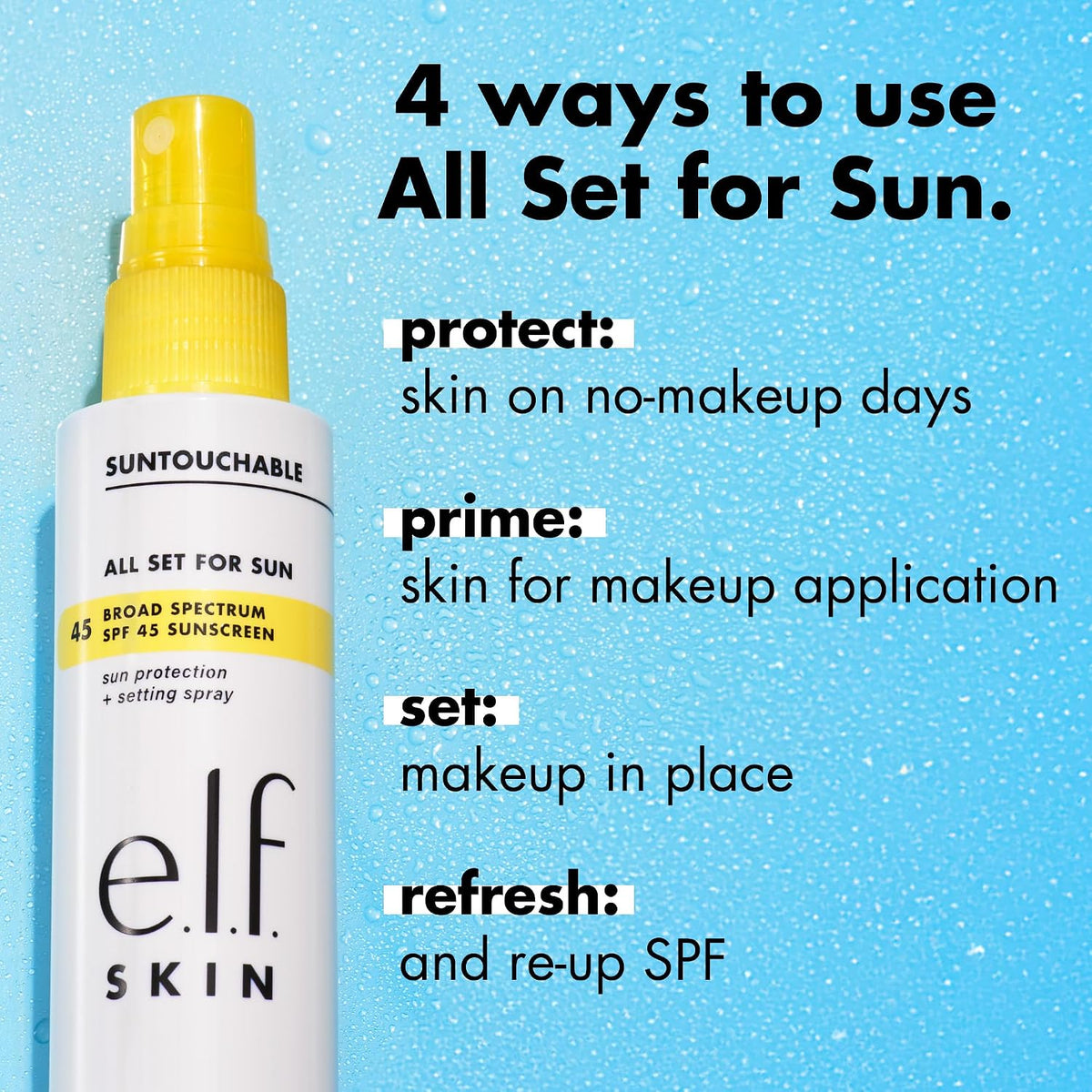 e.l.f. SKIN All Set For Sun SPF 45 Setting Spray | Clear Makeup Setting Mist + Sunscreen. Weightless SPF Face Protection & Makeup-Locking Spray. Vegan & Cruelty-Free
