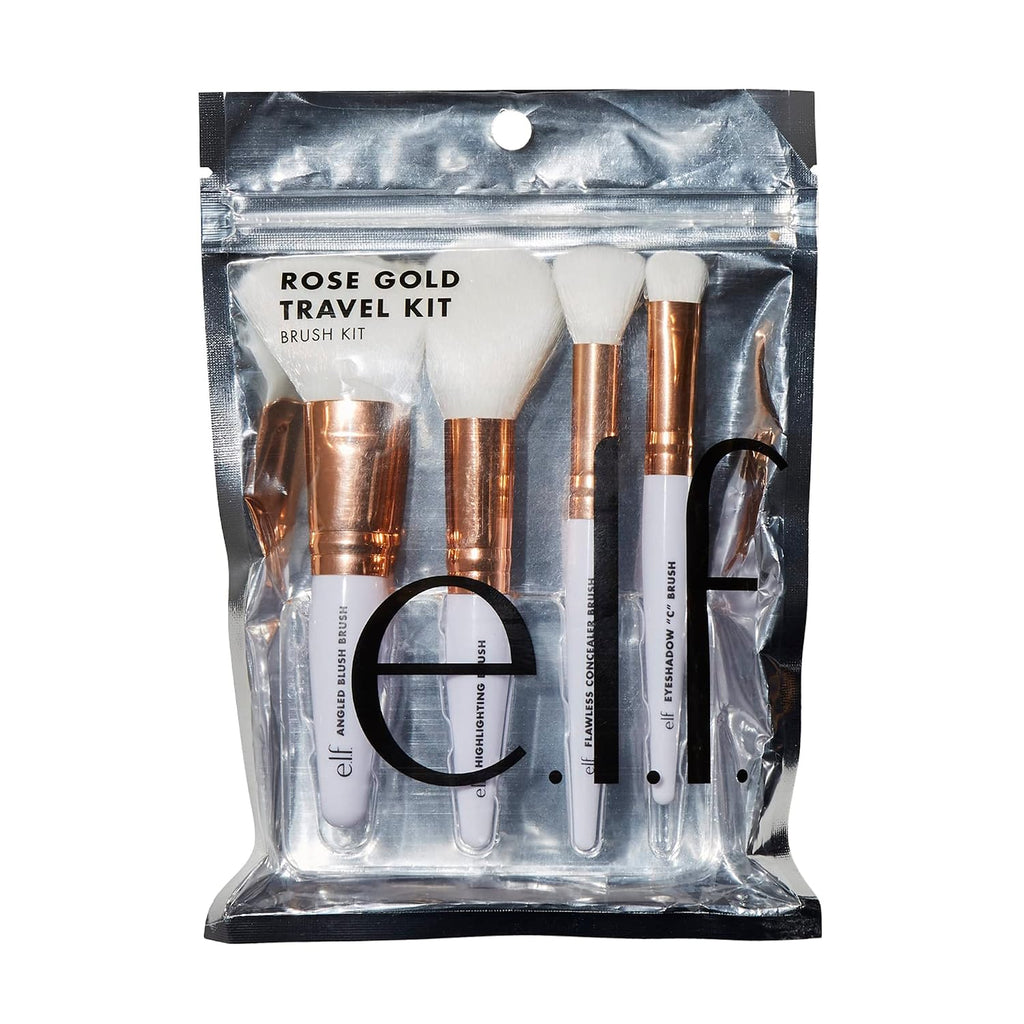 e.l.f. Rose Gold Travel Brush Kit | 4-Piece Brush Set For Concealer. Blush. Highlighter. Eyeshadow & more. Travel-Sized. Vegan & Cruelty-Free