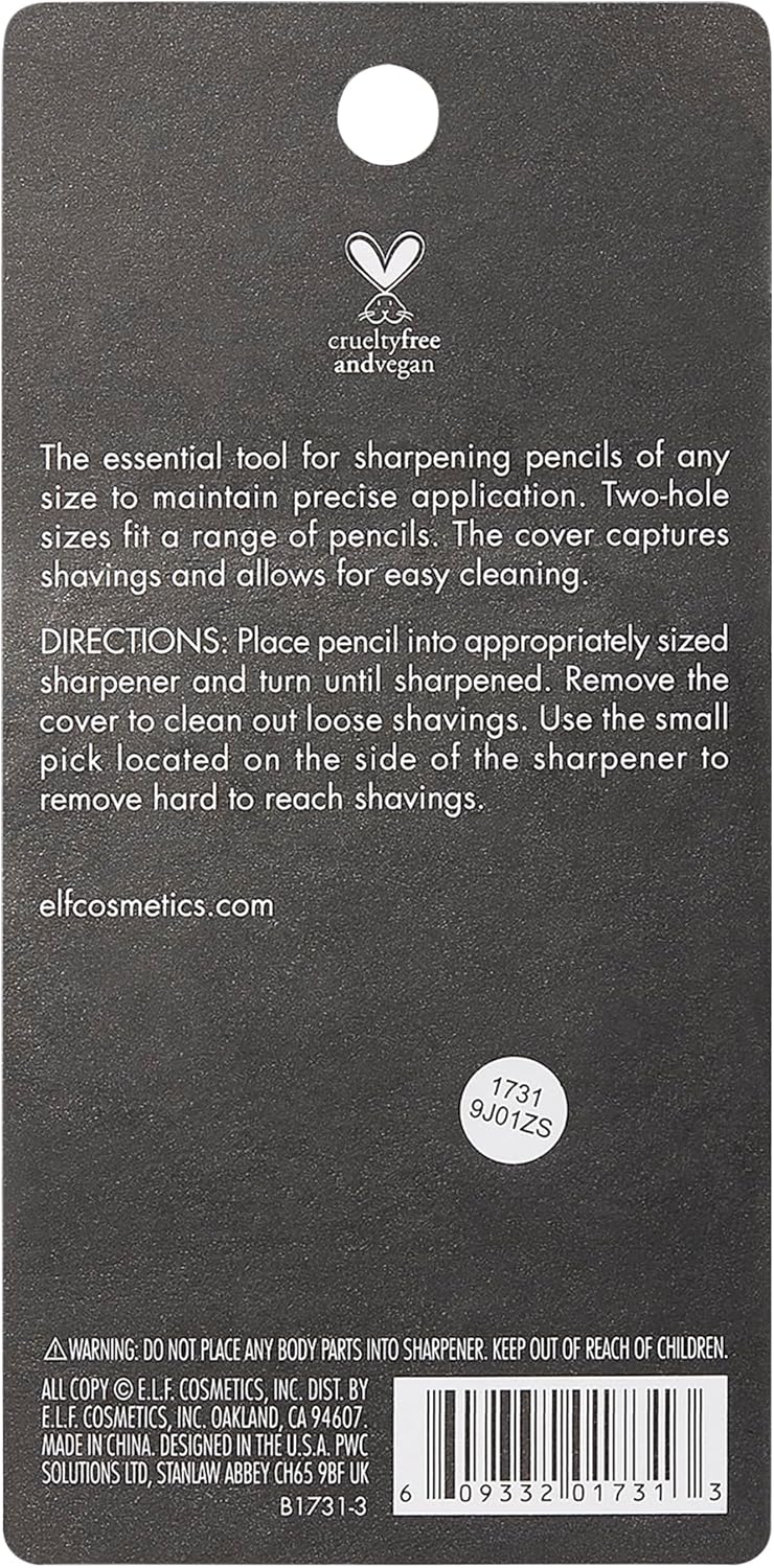 e.l.f.. Dual-Pencil Sharpener. Convenient. Essential Tool. Sharpens. Easy To Clean. Travel-Friendly. Compact. Includes Bonus Small Sharpener