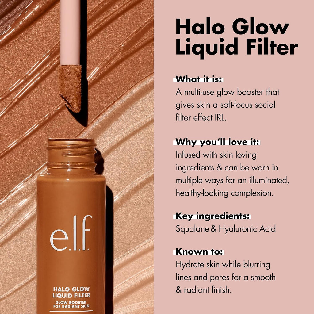 e.l.f. Halo Glow Liquid Filter. Hydrating Complexion Boost. 2 Fair/Light | Soft Focus. Luminous Natural Glow for Face & Body. Infused with Hyaluronic Acid & Squalene. Vegan & Cruelty-Free