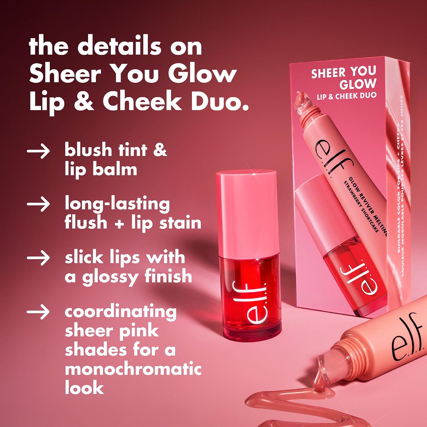 e.l.f. Sheer You Glow Lip & Cheek Duo. Sheer For It Blush Tint & Lip Balm | Buildable Sheer Color. Hydrating Glossy Finish. Tinted Lip Balm & Blush Tint Kit. Natural-Looking Glow. Vegan & Cruelty-Free