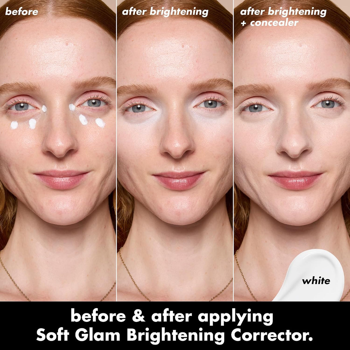 e.l.f. Soft Glam Brightening Corrector. Helps Minimize Dark Circles & Discoloration. Hydrating With A Natural Finish. Vegan & Cruelty-Free. White