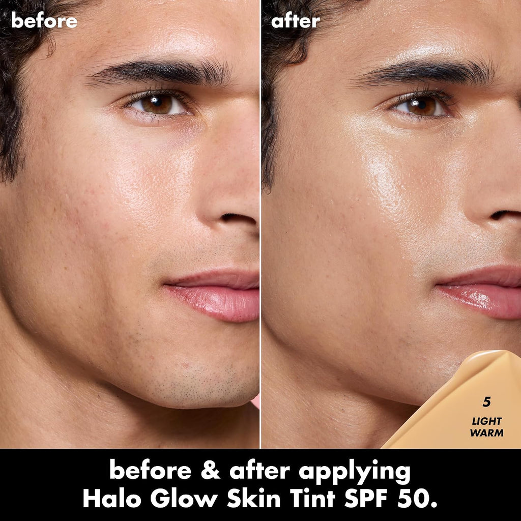 e.l.f. Halo Glow Skin Tint SPF 50. Hydrating & Tinted. 5 Light Warm | Lightweight Buildable Coverage. Dewy. Hydrated Finish. Broad-Spectrum SPF 50. Zinc Oxide & Niacinamide. Vegan & Cruelty-Free