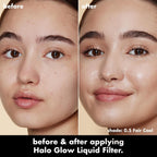 e.l.f. Halo Glow Liquid Filter. Hydrating Complexion Boost. 0.5 Fair | Soft Focus. Luminous Natural Glow for Face & Body. Infused with Hyaluronic Acid & Squalene. Vegan & Cruelty-Free