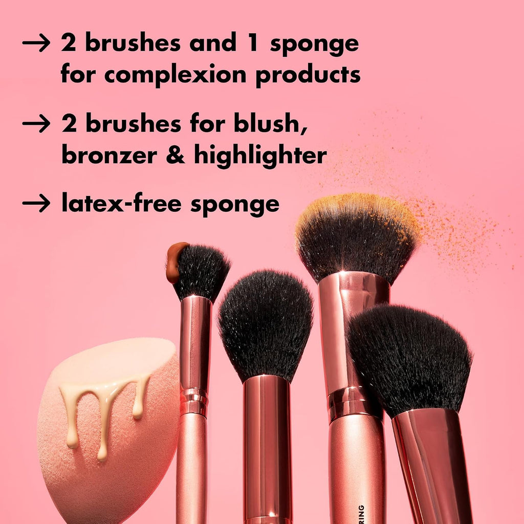 e.l.f. Complexion Essentials Brush & Sponge Set. Concealer. Powder. Blush & Highlighter Brushes & Total Face Sponge. Vegan & Cruelty-Free