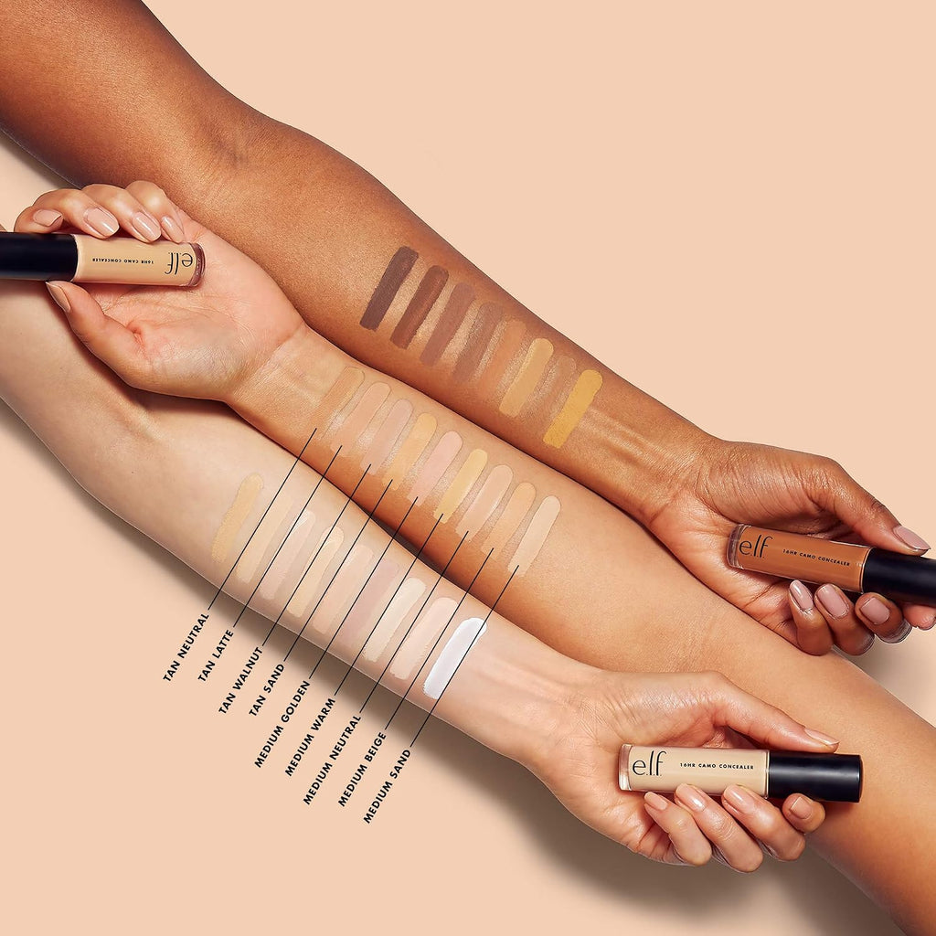e.l.f. 16HR Camo Concealer. Full Coverage. Matte Finish Under-Eye & Blemish Corrector. Hydrating Formula. 16-Hour Crease-Resistant Wear. Tan Latte