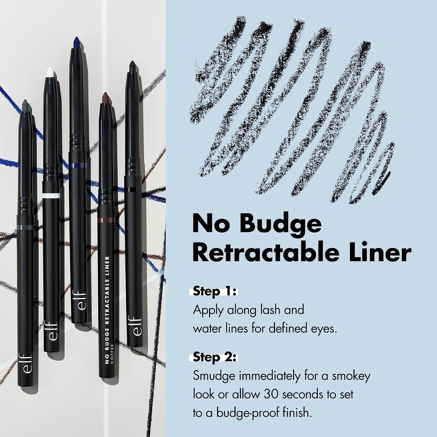e.l.f. No Budge Retractable Eyeliner. Creamy. Ultra-Pigmented & Waterproof. Creates Bold & Defined Lines. Vegan & Cruelty-Free. Black