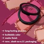 e.l.f. Primer-Infused Matte Blush. Always Fresh | Long-Lasting. Lightweight & Buildable Powder Blush. Delivers A Matte Finish. Vegan & Cruelty-Free