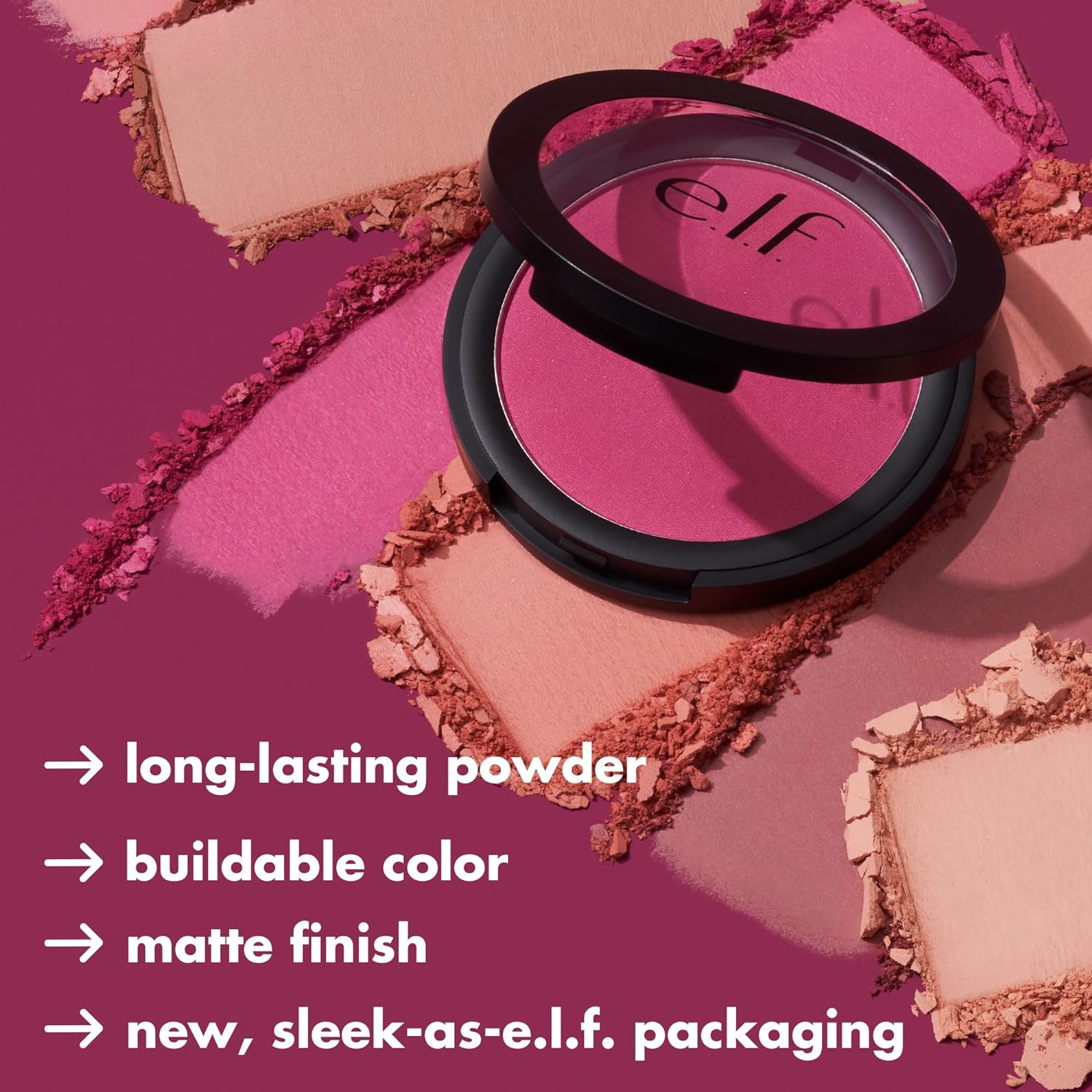 e.l.f. Primer-Infused Matte Blush. Always Fresh | Long-Lasting. Lightweight & Buildable Powder Blush. Delivers A Matte Finish. Vegan & Cruelty-Free