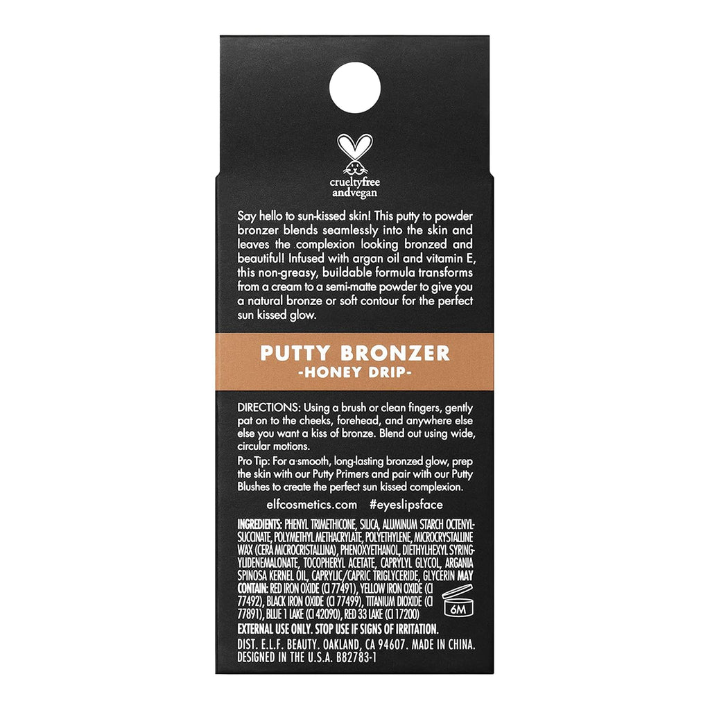 e.l.f. Putty Bronzer. Creamy & Highly Pigmented Formula. Creates a Long-Lasting Bronzed Glow. Infused with Argan Oil & Vitamin E. Honey Drip. 0.35 Oz (10g)