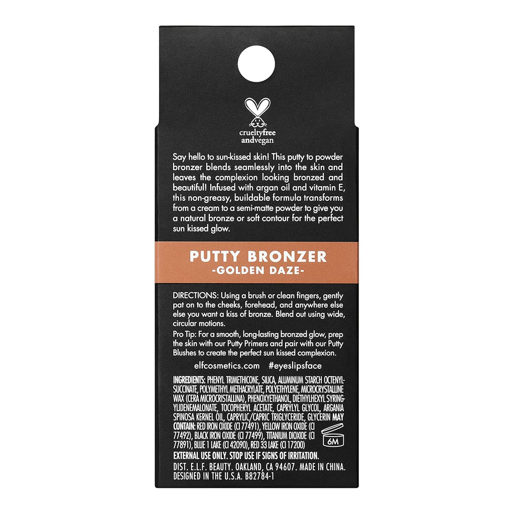 e.l.f. Putty Bronzer. Creamy & Highly Pigmented Formula. Creates a Long-Lasting Bronzed Glow. Infused with Argan Oil & Vitamin E. Golden Daze. 0.35 Oz (10g)