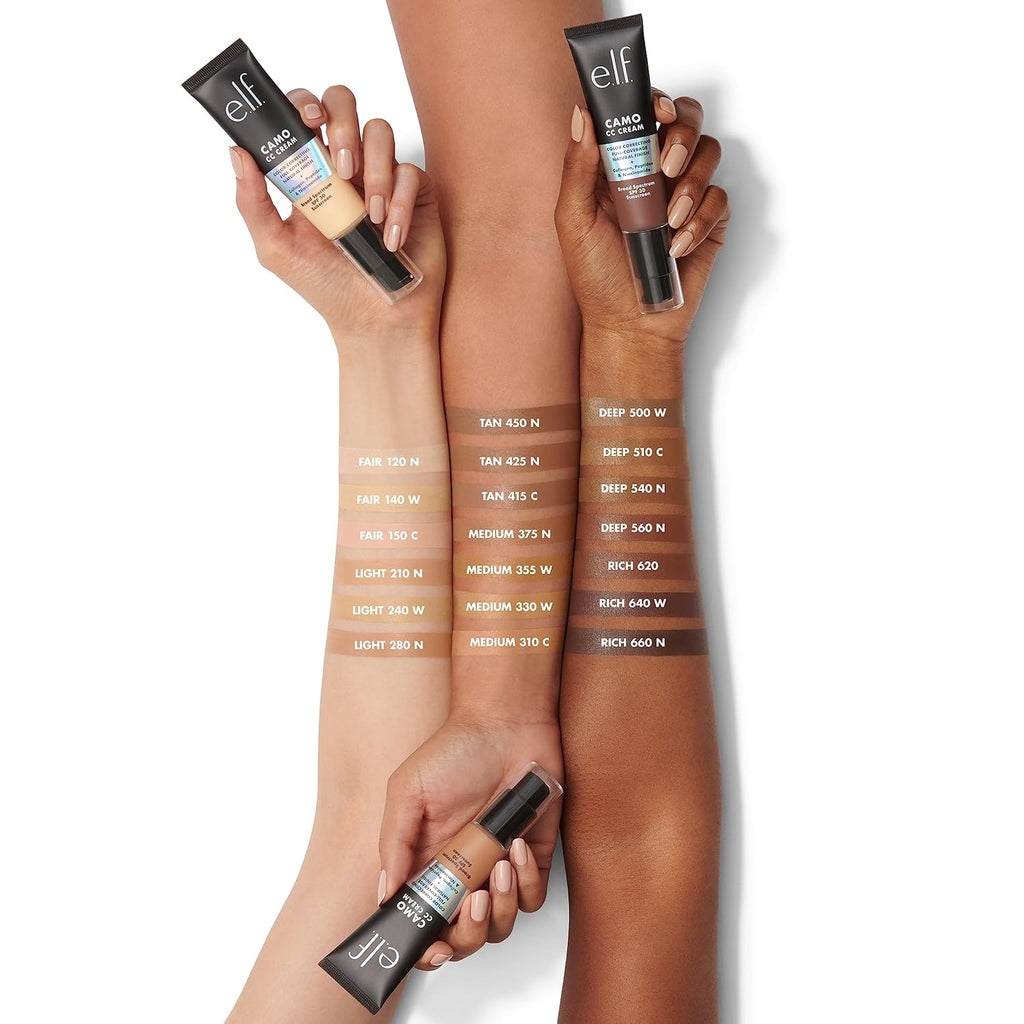 e.l.f. Camo CC Cream. SPF 30 Color-Correcting Medium-To-Full Coverage Face Foundation. Delivers An Airbrushed Finish. Vegan & Cruelty-Free. Tan 415 C