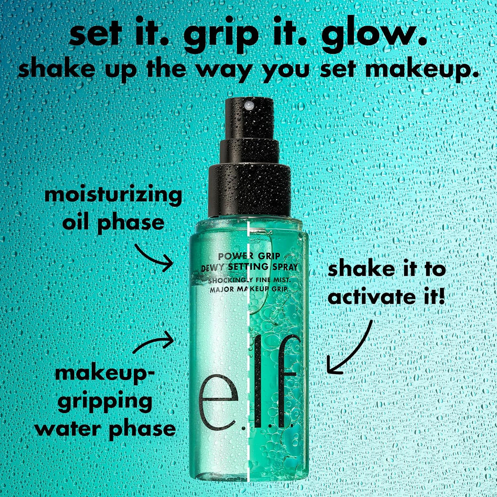 e.l.f. Power Grip Dewy Setting Spray. Hydrating Mist. Dewy Glow Finish | 5% Aloe. Hyaluronic Acid + Squalene Blend. Preps for Long-Lasting Hold. Non-Sticky & Non-Greasy Feel. Vegan & Cruelty-Free
