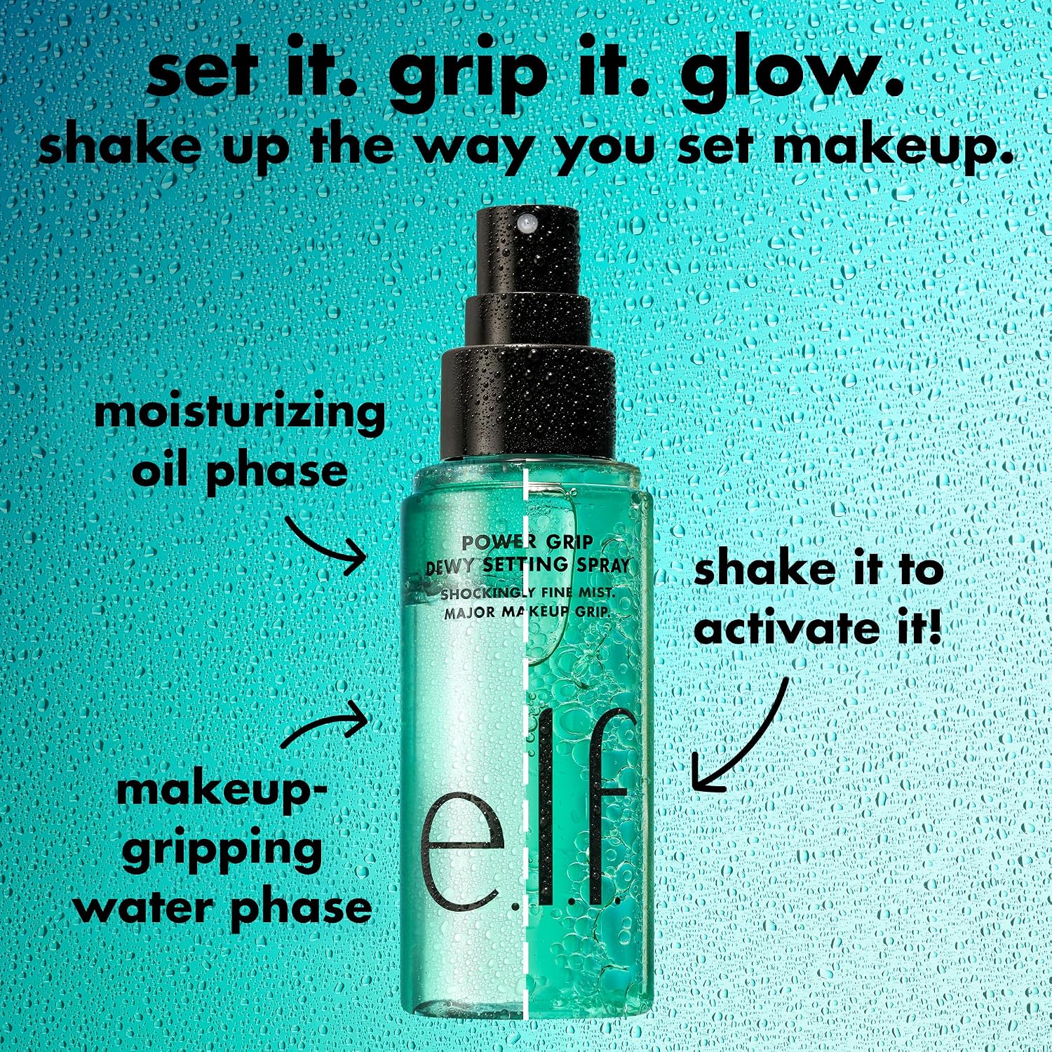 e.l.f. Power Grip Dewy Setting Spray. Hydrating Mist. Dewy Glow Finish | 5% Aloe. Hyaluronic Acid + Squalene Blend. Preps for Long-Lasting Hold. Non-Sticky & Non-Greasy Feel. Vegan & Cruelty-Free